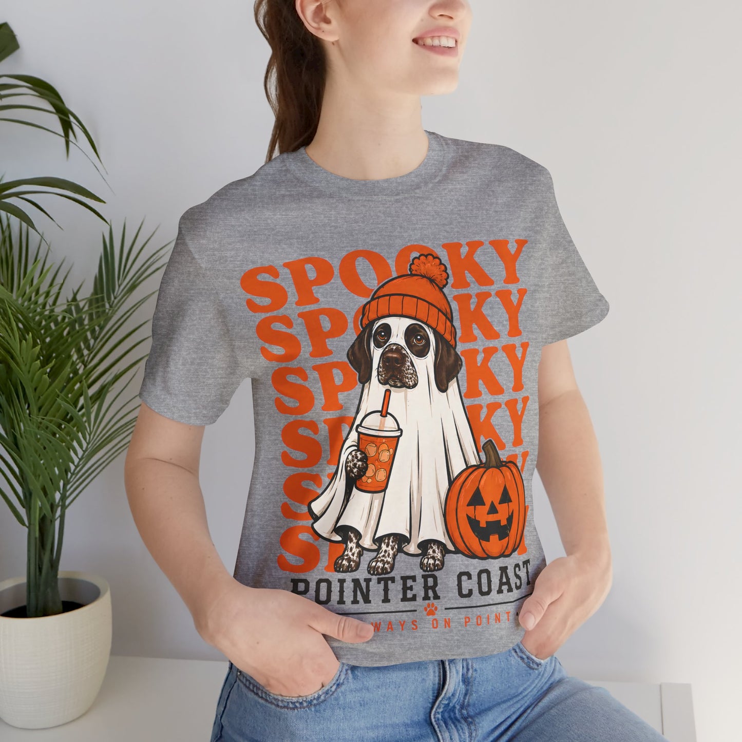 Spooky Pointer Coast Halloween Tee, Ghost Dog Graphic, Pumpkin Shirt, Bella Canvas 3001