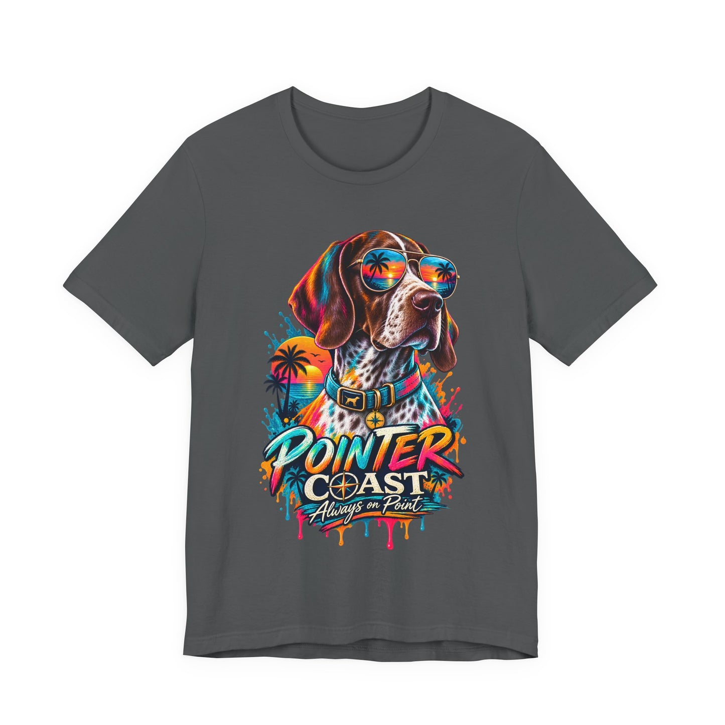 Pointer Coast Retro Dog Graphic Tee, Bella Canvas 3001, Tropical Sunset Shirt, Pet Lover Gift