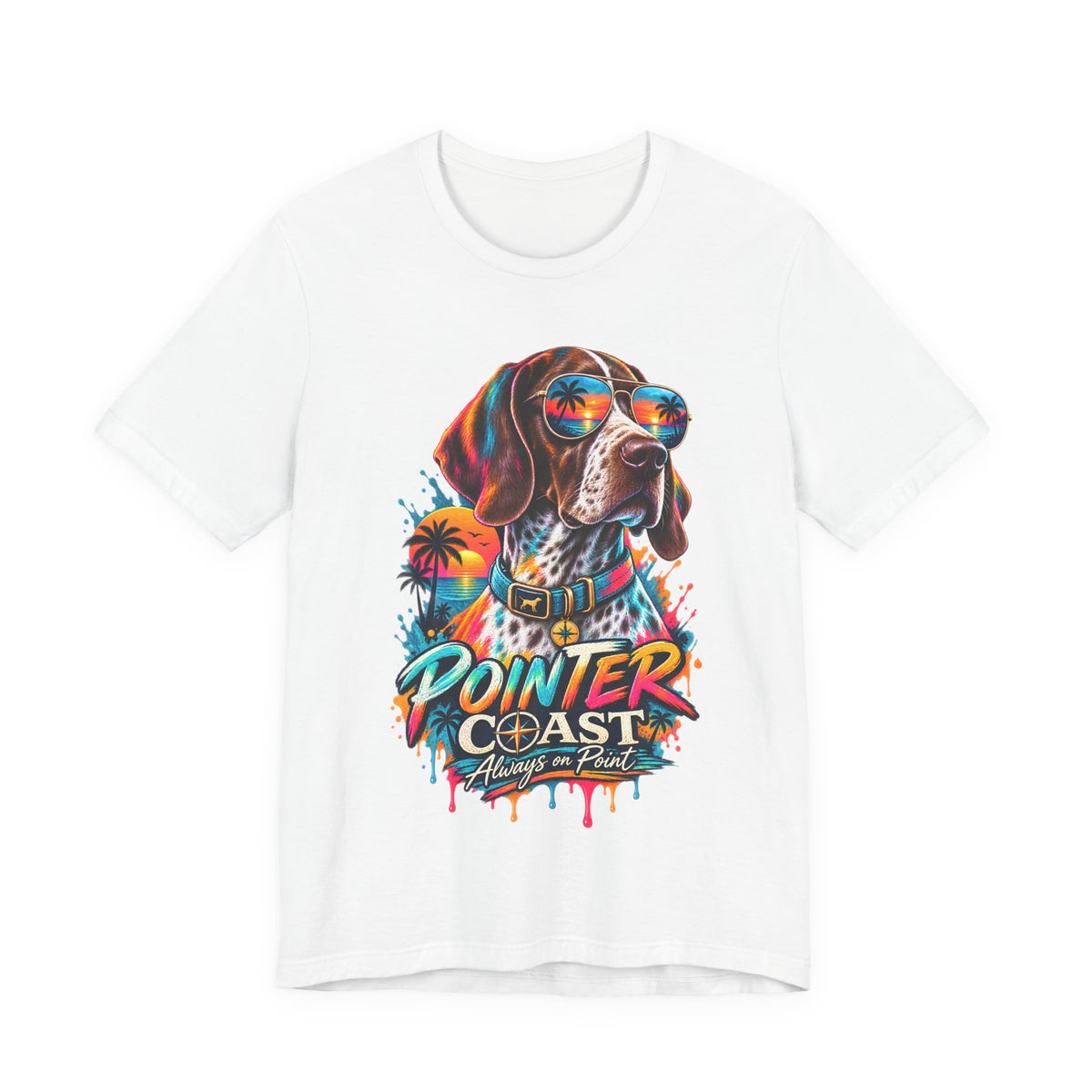Pointer Coast Retro Dog Graphic Tee, Bella Canvas 3001, Tropical Sunset Shirt, Pet Lover Gift