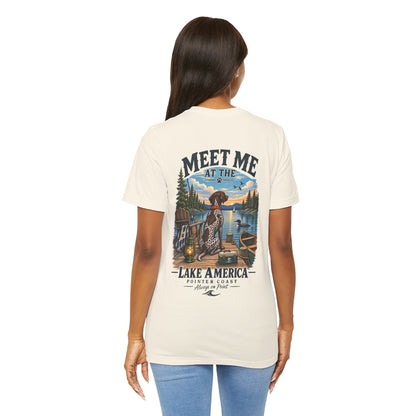 Lake America Pointer Dog T Shirt, Meet Me at the Lake, Outdoor Camp Tee, Nature Graphic Top