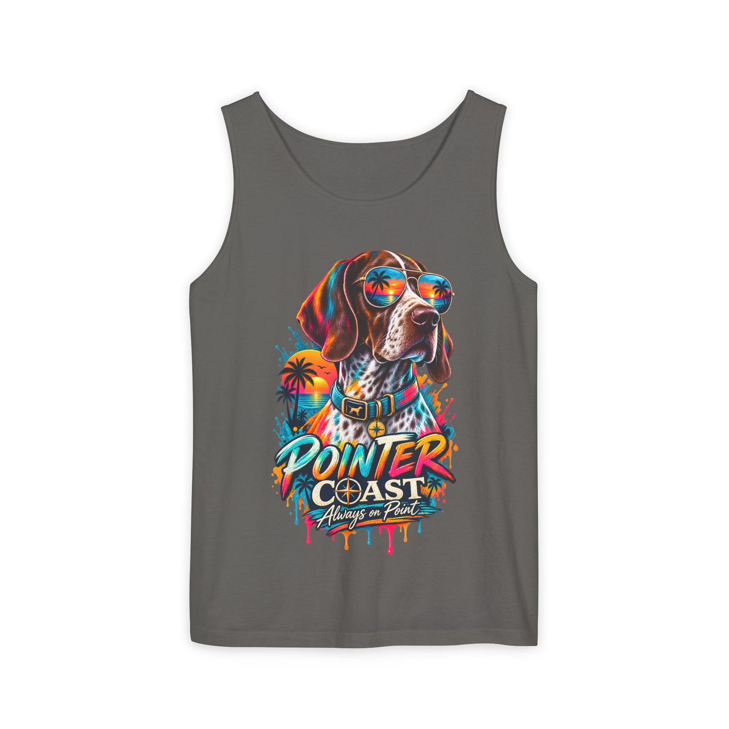 Comfort Colors Pointer Coast Tank Top, Surf Dog Graphic, Tropical Sunset Shirt, Beachwear