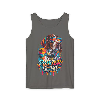 Comfort Colors Pointer Coast Tank Top, Surf Dog Graphic, Tropical Sunset Shirt, Beachwear