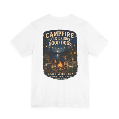 Campfire Lake Graphic T Shirt, Cold Drinks, Good Dogs, Outdoor Lover Gift, Rustic Cabin Apparel