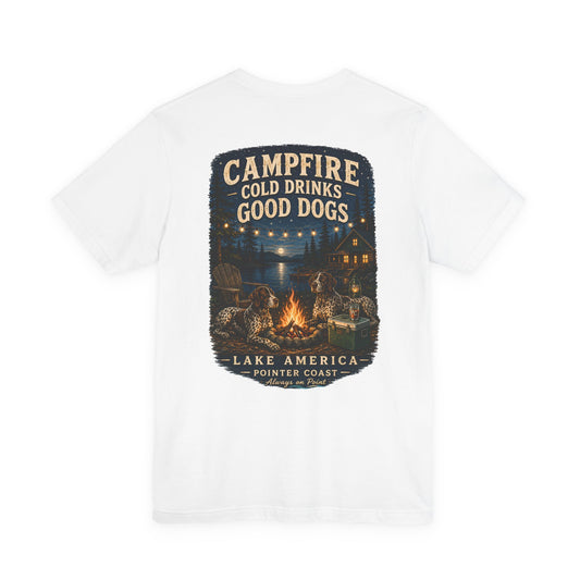 Campfire Lake Graphic T Shirt, Cold Drinks, Good Dogs, Outdoor Lover Gift, Rustic Cabin Apparel