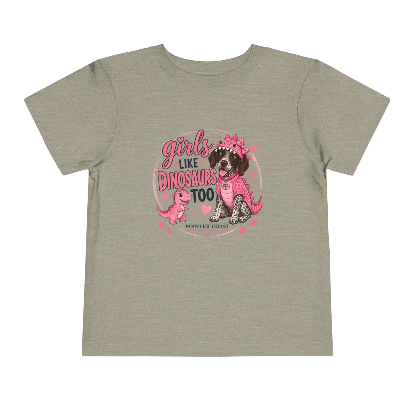 Girls Like Dinosaurs Too Pointer Dog Shirt, Cute Pink Dino Puppy Tee, Funny Girl Graphic T-Shirt