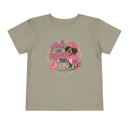 Girls Like Dinosaurs Too Pointer Dog Shirt, Cute Pink Dino Puppy Tee, Funny Girl Graphic T-Shirt