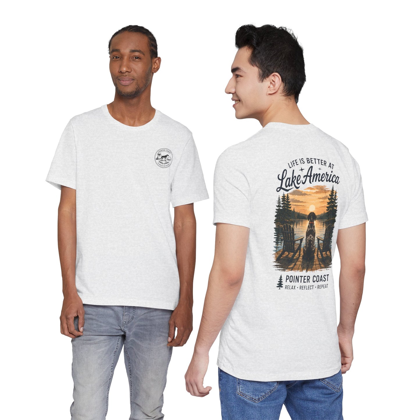 Lake America Sunset Graphic Tee, Pointer Dog Shirt, Lakeside Vacation Apparel