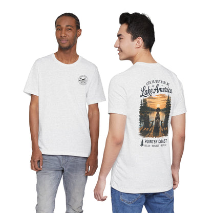 Lake America Sunset Graphic Tee, Pointer Dog Shirt, Lakeside Vacation Apparel