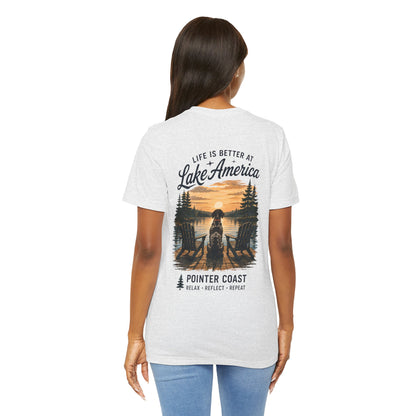 Lake America Sunset Graphic Tee, Pointer Dog Shirt, Lakeside Vacation Apparel