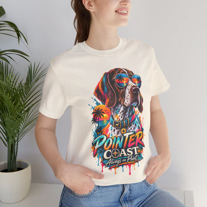 Pointer Coast Retro Dog Graphic Tee, Bella Canvas 3001, Tropical Sunset Shirt, Pet Lover Gift