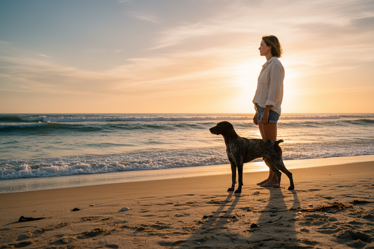 Silhouette of a dog on a beach with sunset, 'Pointer Coast' branding, and two rifles crossed over text.
